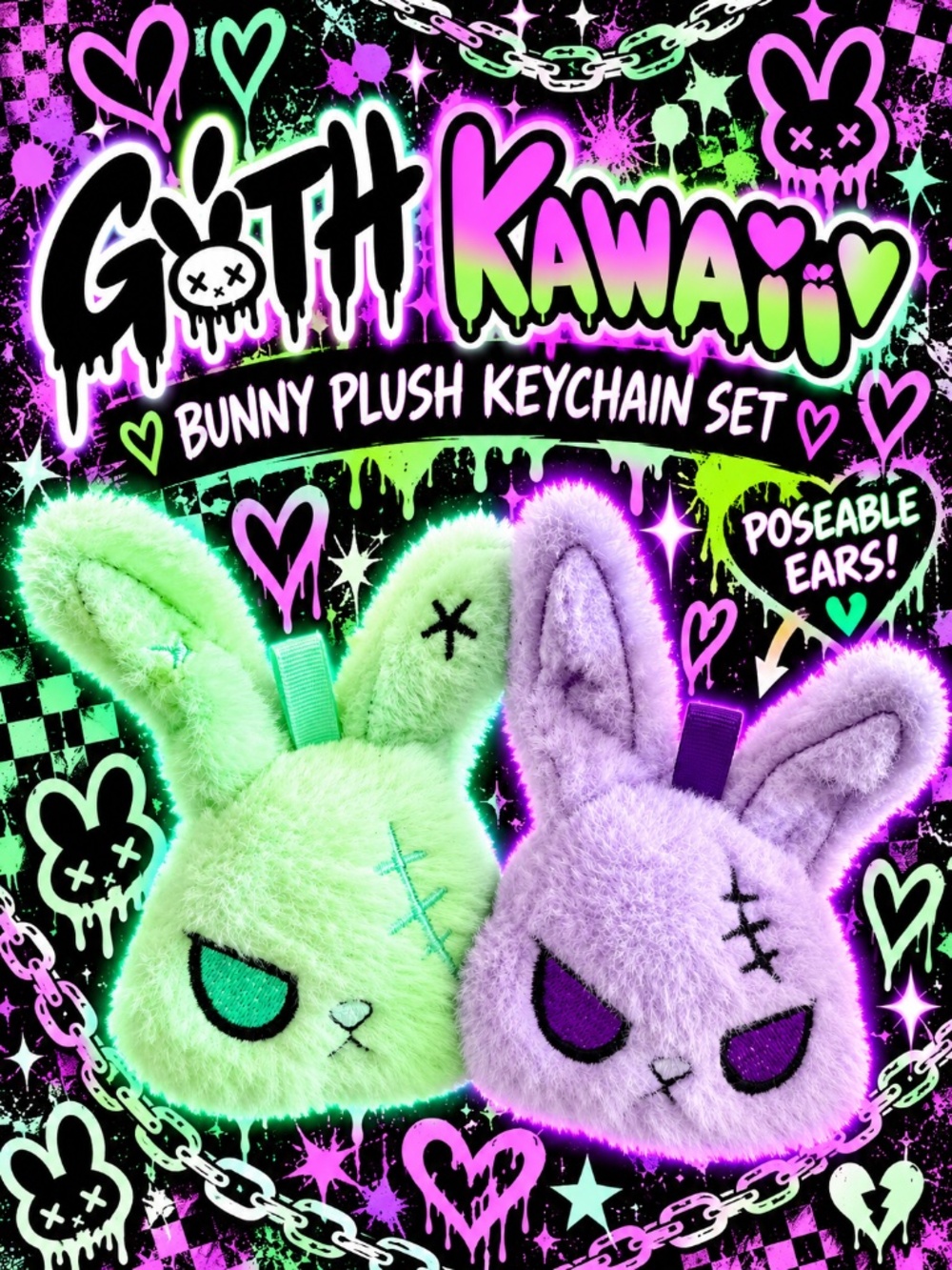 Goth Kawaii Bunny Plush Keychain Set – Poseable Ears 🖤🐰
